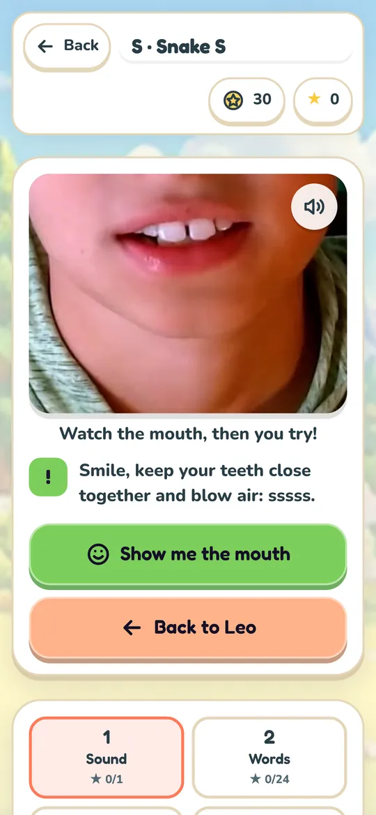 Sound practice screen with a close-up mouth video for the S sound
